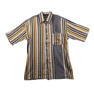 Marithe Francois Girbaud Mens XL Button Up Shirt Striped Short Sleeve Gray Gold